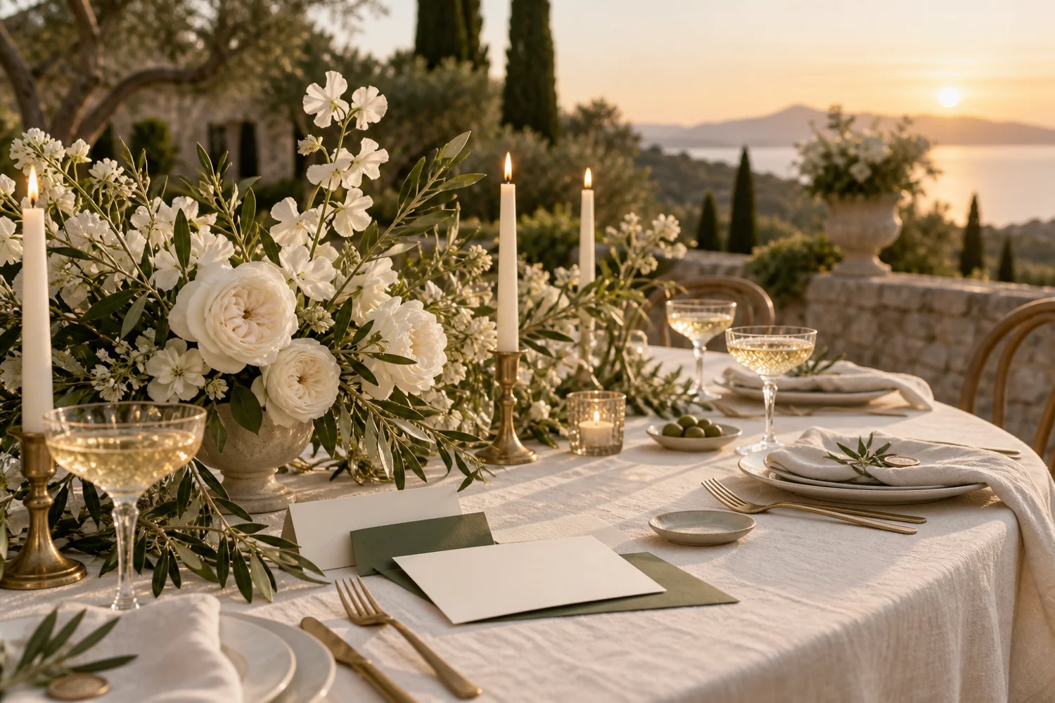 Une table de réception fleurie, dressée dans un jardin à la lumière du soir